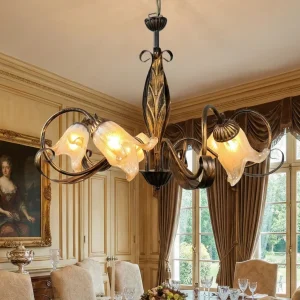 Lampadario a 5 luci classico in ferro battuto e vetro realizzato e decorato artigianalmente coll. scott